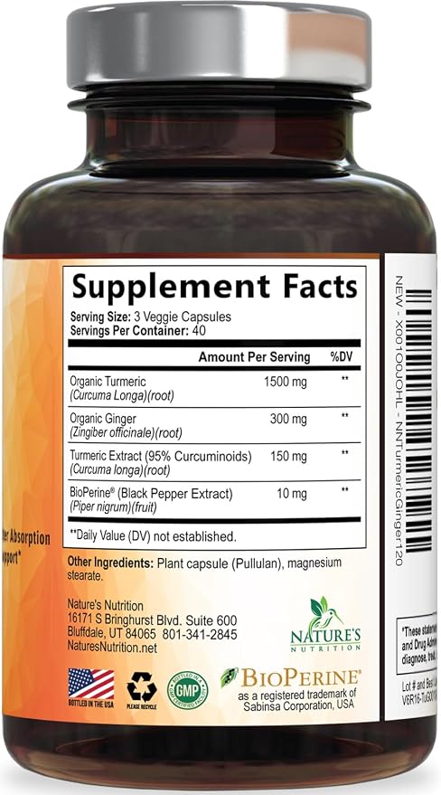 Turmeric Curcumin Supplement - 95% Curcuminoids with Organic Turmeric & Ginger, BioPerine Black Pepper Extract for Best Absorption, Natural Vegan Joint Support, Non-GMO, Bottled in USA - 120 Capsules