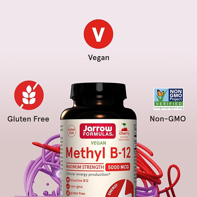 Jarrow Formulas Maximum Strength Methyl B-12 5000 mcg Dietary Supplement - 90 Cherry Chewable Tablets - Bioactive Vitamin B-12 - Supports Cellular Energy Production, Sleep & Brain Health (Pack of 12)