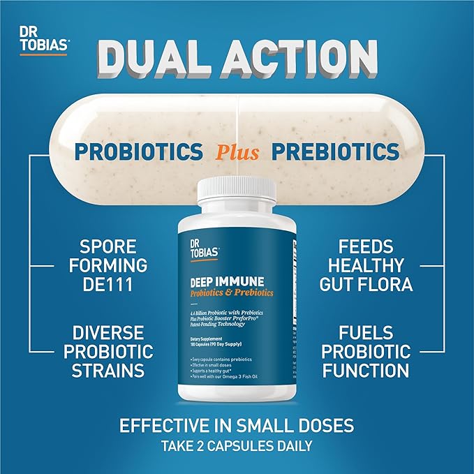 Dr. Tobias Deep Immune Probiotics & Prebiotics - Dual Action Digestion & Immune Support with PreforPro Prebiotics & Spore Forming Probiotics for Women & Men - 180 Capsules (90 Servings)