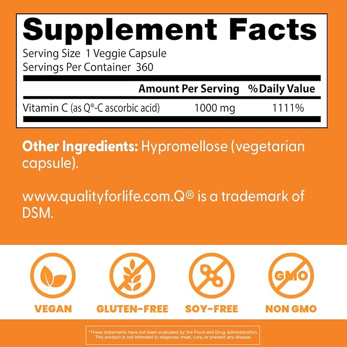 Doctor's Best Vitamin C 1000mg Supplement for Men & Women - Vegan Vitamin C Capsules as Q-C Ascorbic Acid, Immune Health Support for Adults, Non GMO, Gluten Free, Soy Free - 360 Veg Caps