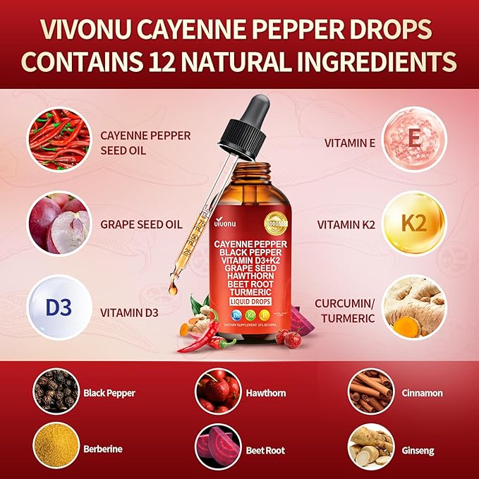 Cayenne Pepper Drops Supplement, Liposomal Tech 98% Absorption, Supports* Leg Vein, Heart & Blood Vessel* Health, with Vitamin E D3+K2 & Extracts of Grape Seed, Hawthorn, Beetroot, Berberine (2 Pack)