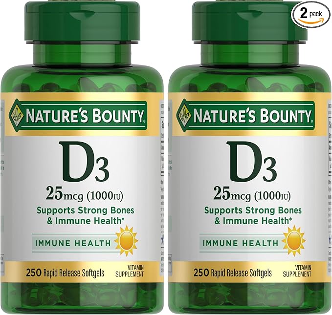 Nature's Bounty Vitamin D3 1000 IU, Immune Support, Helps Maintain Healthy Bones, 250 Rapid Release Softgels (Pack of 2)