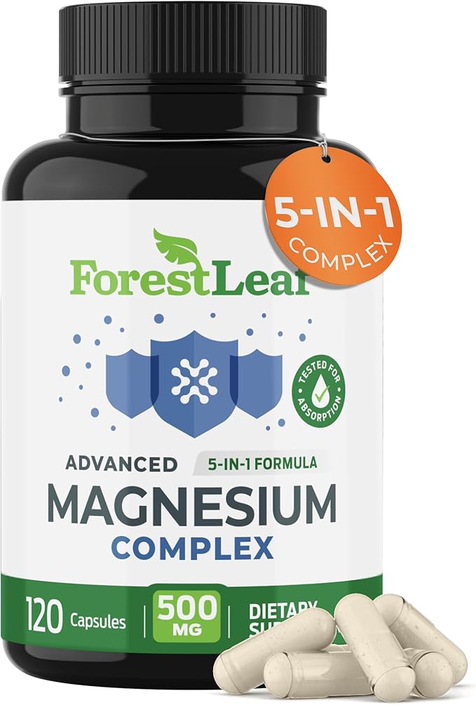 ForestLeaf Magnesium Complex for Women and Men - 500mg Magnesium Supplement for Sleep - 5-in-1 Chelated Magnesium Citrate, Bisglycinate, Malate, Taurate, Oxide (120 Ct)