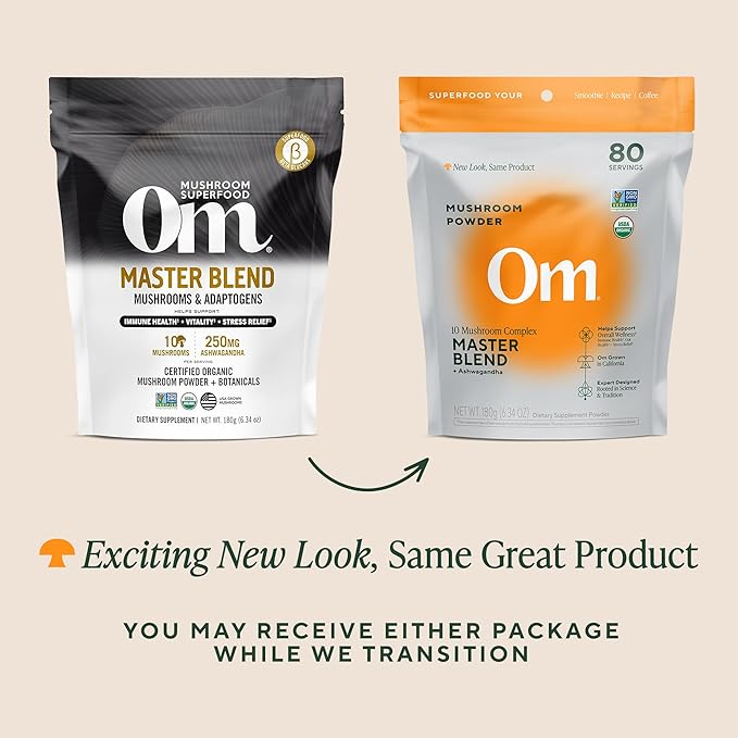 OM Mushrooms Master Blend Mushroom Powder – Organic Mushroom Supplement with 10 Mushrooms and Ashwagandha - Support Immunity, Gut Health & Stress Relief, 6.34 oz (80 Servings)
