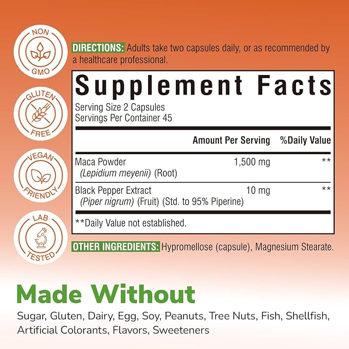 Maca Root Capsules for Women & Men, 1500 mg Maca Root Per Serving, with Black Pepper for Max Absorption, 95% Piperine, Vitality, Mood, Metabolic Support, 90 Capsules