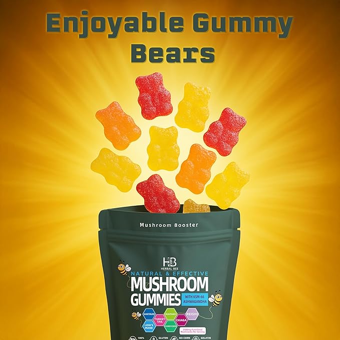 Organic Ashwagandha & Lions Mane Mushroom Gummies - Reishi, Cordyceps, Turkey Tail, Maitake, Shitake & Chaga, Immune Support & defense, Brain Boost, Vegan, All-in-One Superfood supplement | 80 gummies