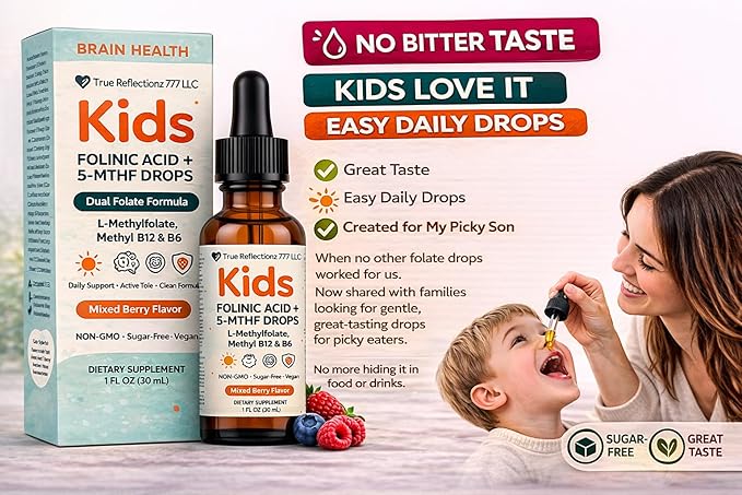Folinic Acid Drops Kids 800 mcg + L-Methylfolate + B12 +P5P B6 Gentle Methylation Great Taste, Magnesium Glycinate, Vitamin D3 & C Folate Support for Brain,Focus, Mood & Cellular Health 5-MTHF Drops