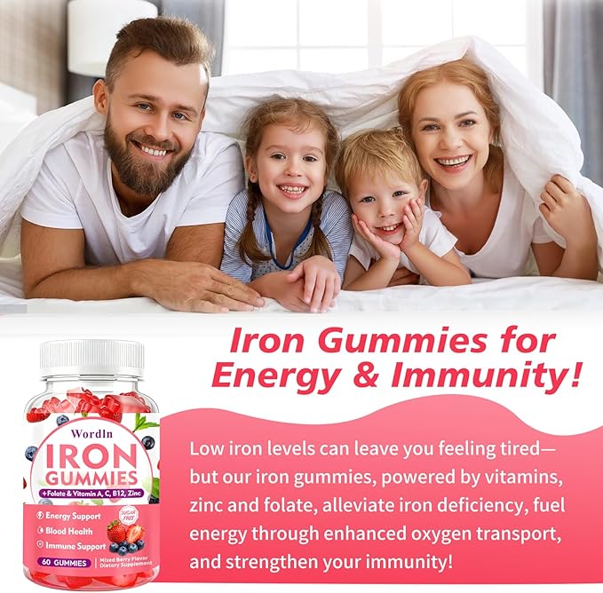 Iron Gummies for Women, Men & Kids, Vegan Iron Supplement with Vitamin C, B12, Folate for Energy Support & Immune Health, Sugar Free, 60 Gummies (Pack of 2)
