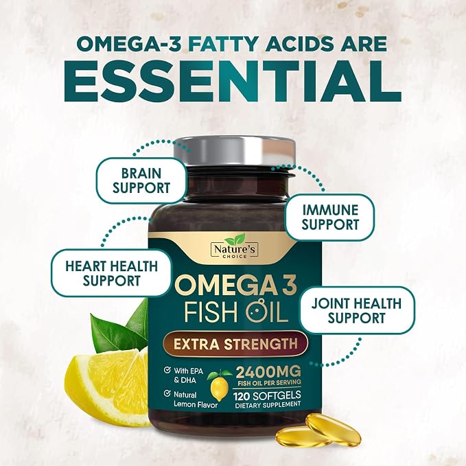 Omega 3 Fish Oil Supplements - 2400mg Fish Oil Per Serving - Triple Strength Omega-3 with Fatty Acids EPA & DHA - Natural Heart, Brain & Immune Support - Wild Caught, Bottled in USA - 120 Softgels