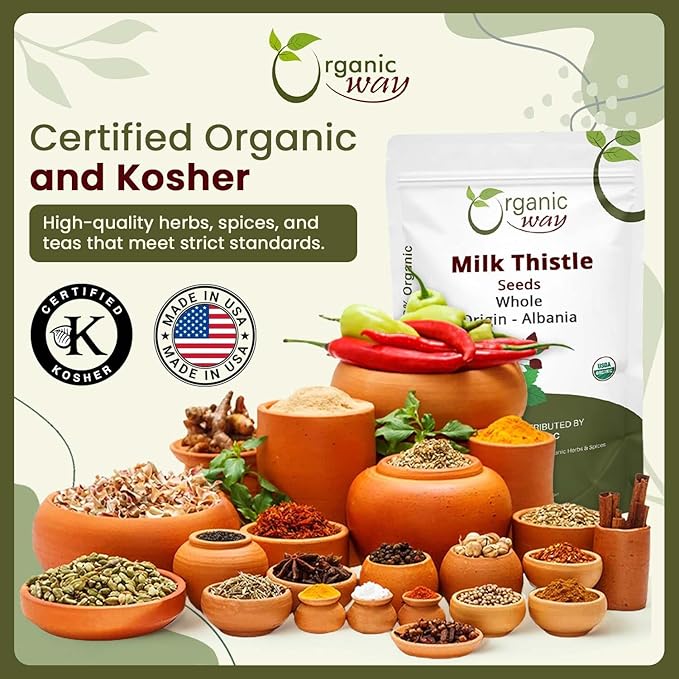 Organic Way Whole Milk Thistle Seeds (Silybum marianum) - Herbal Tea | European Wild-Harvest, Organic & Kosher Certified, Vegan, Non GMO & Gluten Free, USDA Certified, Origin - Albania (4 Oz)