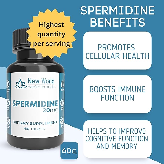 New World Health Brands Pure Spermidine (20mg) | 60 Tablets - Fertility, Anti-Aging & Reproductive Health Support, Easy to Swallow