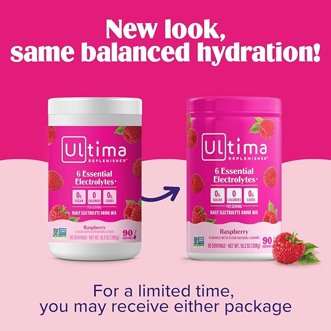 Ultima Replenisher Daily Electrolyte Powder Drink Mix, 90-Serving Canister | Zero Sugar Raspberry Hydration Powder with 6 Electrolytes & Minerals - Sugar Free, Plant-Based & Keto Friendly