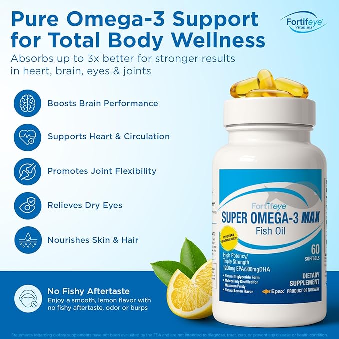 Fortifeye Super Max Omega-3 Fish Oil 60Count 2400mg Made in Norway - High Potency rTG Form Omega 3 Supplement with EPA & DHA, Fish Oil Capsules for Heart Brain Joint Eye Function, Natural Lemon Flavor
