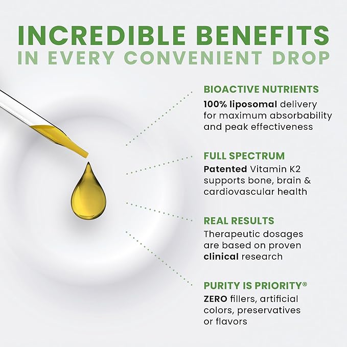 Pure Therapro Rx Ultimate K2 Supplement | Liquid Liposomal Vitamin K2 Drops | 180 Serving | 600mcg Vegan K2 as MK4 & MenaQ7 MK7 | Supports Bone Health, Heart Health, Skin & Hair | 20 mL