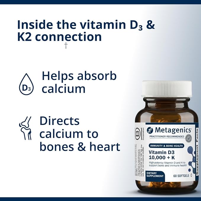 Metagenics Vitamin D3 + K - for Artery Health, Immune Support, Bone & Heart Health* - Vitamin D with MK-7 (Vitamin K2) - Non-GMO - Gluten-Free - 60 Softgels - 10,000 IU