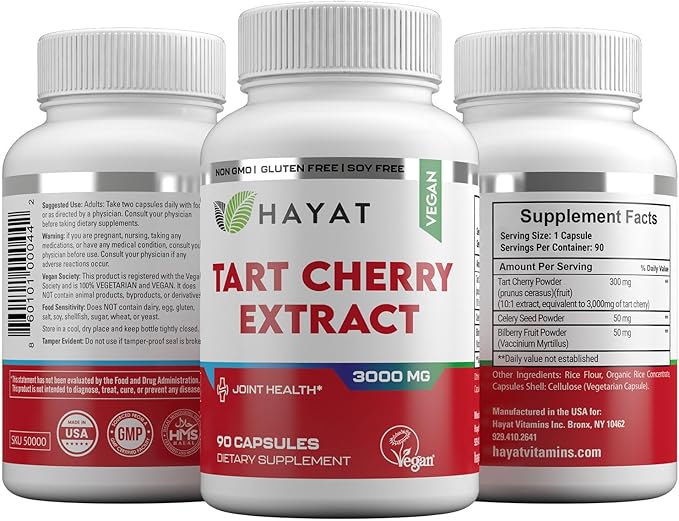 HAYAT Vitamins Vegan Natural Tart Cherry Extract 3000 MG, 3 Month Supply, Potent 10:1 Extract, All Natural, Certified Halal, 90 Capsules,