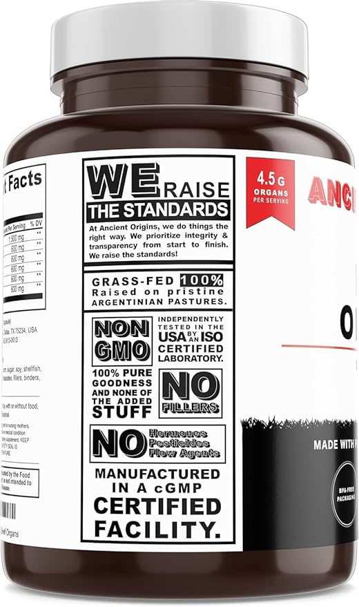 Grass Fed Beef Organs Supplement 4500mg - Desiccated Liver, Bone Marrow, Heart, Spleen, Pancreas & Kidney, Non-GMO, Gluten Free, Undefatted by Ancient Origins (180 Capsules, 750mg Each)