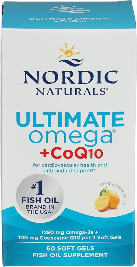 Nordic Naturals Ultimate Omega + CoQ10, Lemon - 60 Soft Gels - 1280 mg Omega-3 + 100 mg CoQ10 - Heart Health, Cellular Energy, Antioxidant Support - Non-GMO - 30 Servings