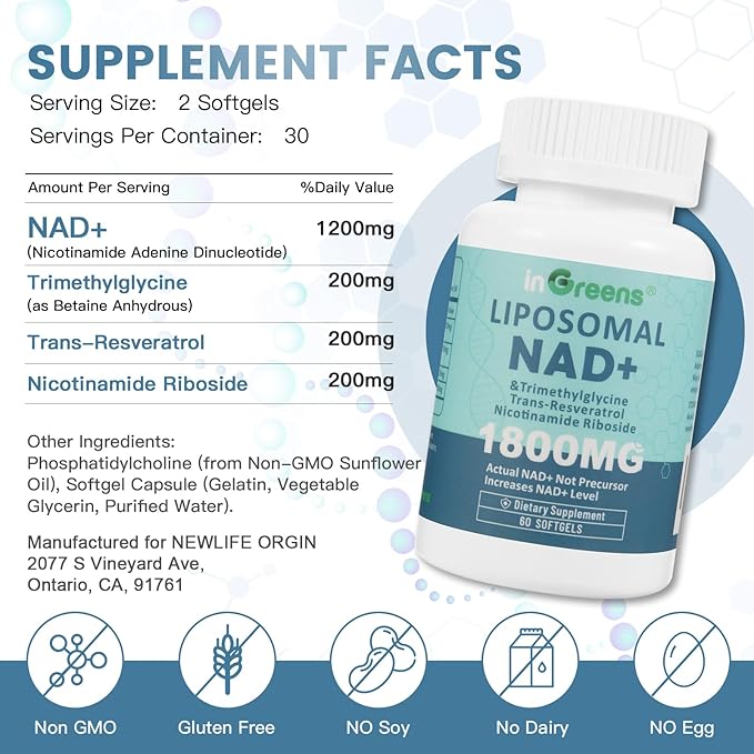inGreens Liposomal NAD+ Supplement 1800 mg with Nicotinamide Riboside, Trans Resveratrol, Trimethylglycine，Replaces NMN, Boost NAD+, Aging Defense，Cellular Energy, 240 Softgels