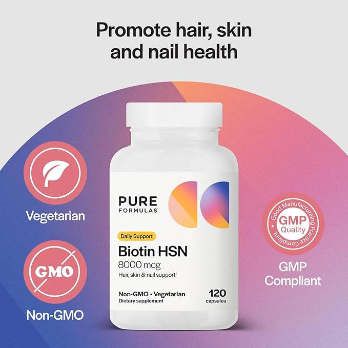 PureFormulas Biotin 8000 mcg Hair Skin Nails Biotin Supplement Biotina, Biotin Hair Growth Vitamins B7 Supplement for Women & Men 120 Capsules (Pack of 2)