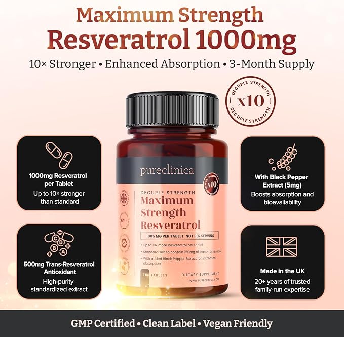 pureclinica 1000mg Resveratrol x 90 Tablets (3 Months Supply). 10 x Strength with Black Pepper Extract for Faster Absorption