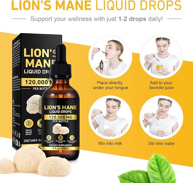 Lions ManeMushroom Drops – Brain Supplement 120,000 MG, Memory Focus & Immunity Vitamins, Plant Extract 2Oz