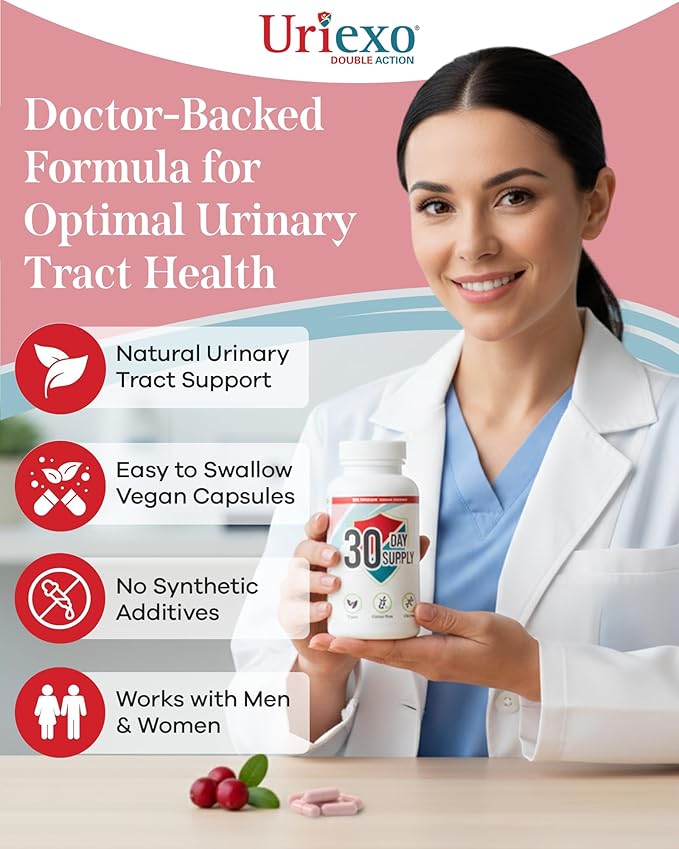 Uriexo Double Action Support Cranberry Pills - Urinary Tract Health Supplement with 36mg Proanthocyanidins PACs & 2000mg D-Mannose, Capsules for Men & Women, Non-Antibiotic Formula, 30 Day Supply