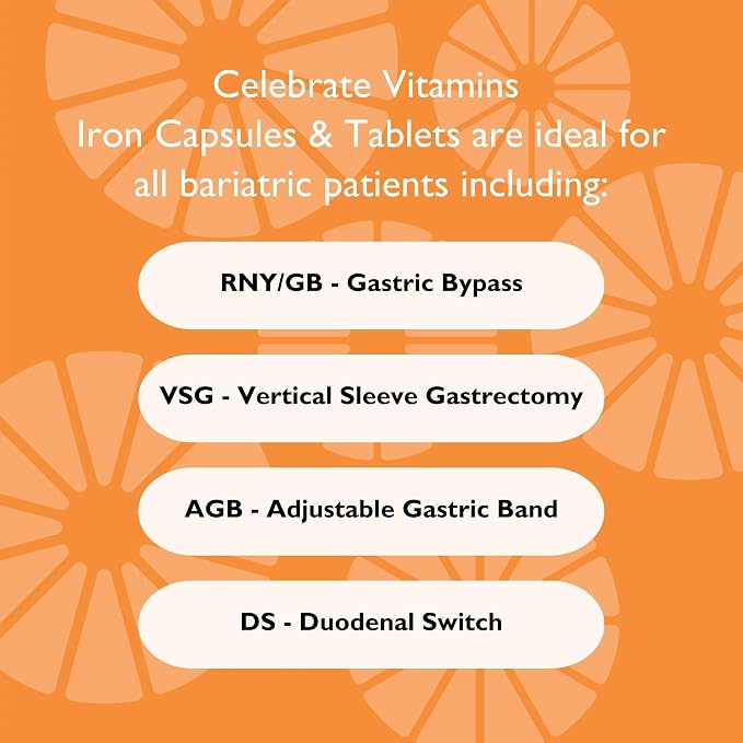 Celebrate Vitamins Iron Supplement with Vitamin C - 30mg Iron, 60mg Vitamin C, Bariatric Vitamins for WLS Patients, Vertical Sleeve & Gastric Bypass Surgery – 90 Capsules