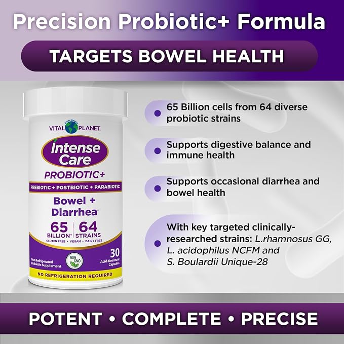 Vital Planet - Intense Care Bowel and Diarrhea Probiotic Supplement with Organic Prebiotics, Postbiotics, and Parabiotics, Lactobacillus Rhamnosus and Saccharomyces, 65 Billion CFU, 64 Strains, 30 Ct