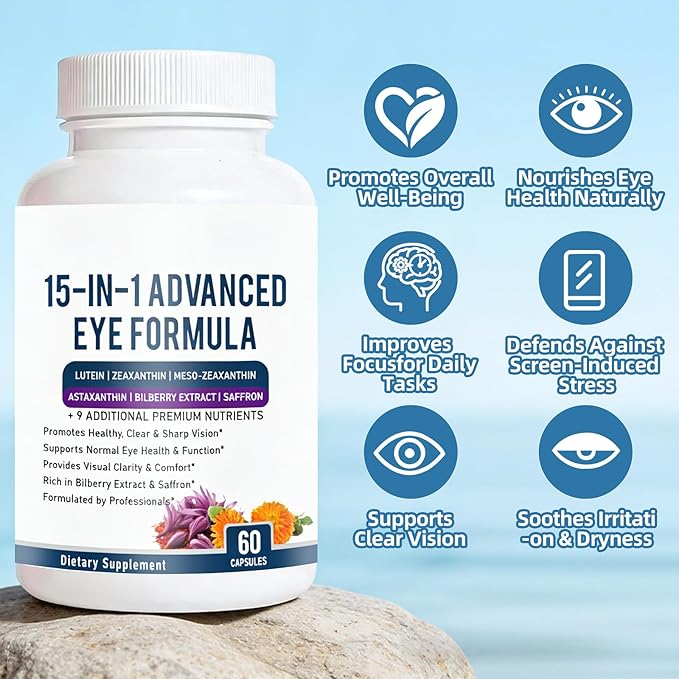 15 in 1 Advanced Eye Formula - Eye Vitamin and Mineral Supplement with Lutein, Zeaxanthin, Zinc & Bilberry Extract - Vision & Focus Support, 60 Capsules