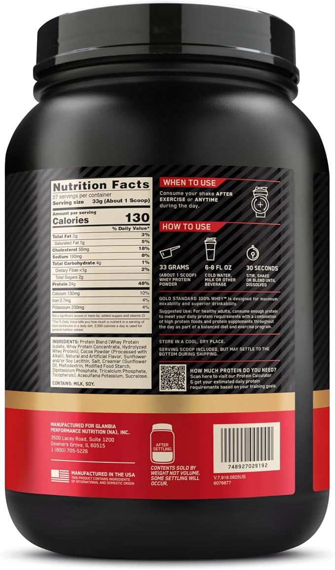 Optimum Nutrition Gold Standard 100% Whey Protein Powder, Chocolate Peanut Butter, 2 Pound (Packaging May Vary)