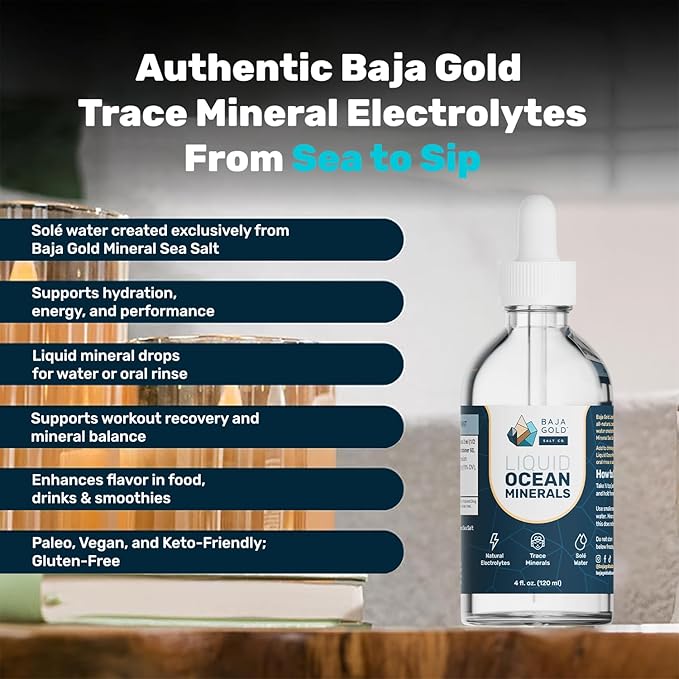 Baja Gold Liquid Ocean Trace Mineral Drops - Ionic Electrolyte Drops for Drinking Water & Food Flavor Enhancement - Mineral-Rich Saline Solution & Oral Cleanse - 4 fl oz, 30-Day Supply