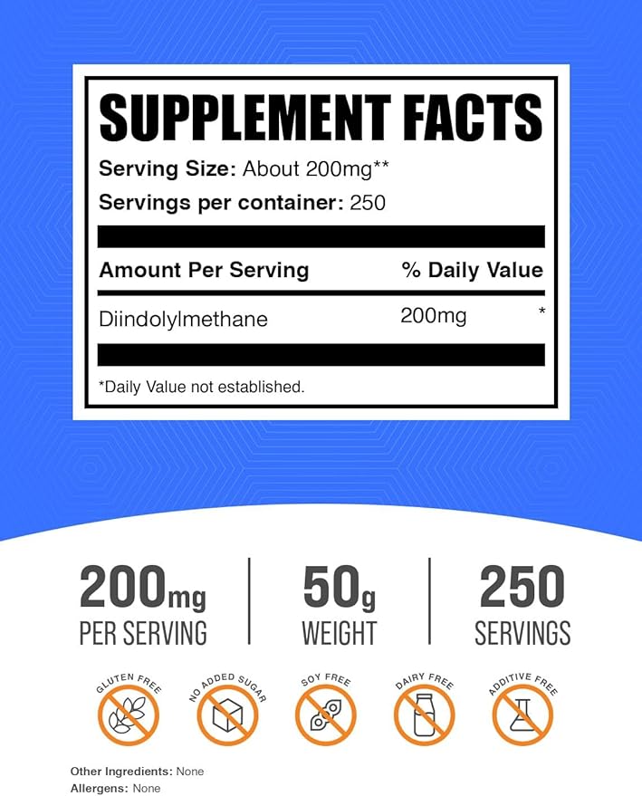 BulkSupplements.com DIM Powder - Diindolylmethane Powder, DIM Supplement for Men & Women - Unflavored & Gluten Free, 200mg per Serving, 50g (1.8 oz) (Pack of 1)