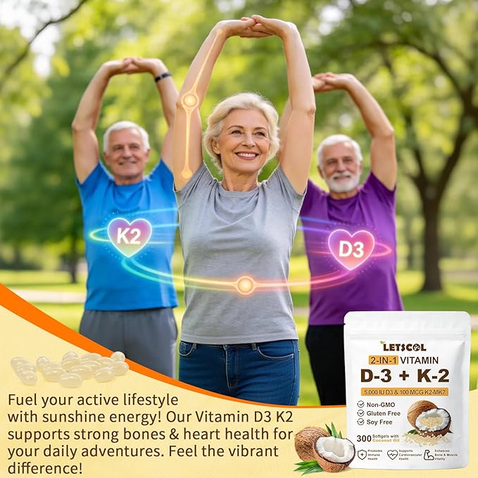 2-in-1 Vitamin D3 K2 Supplement Softgel, Vitamin D3 5000 IU and Vitamin K2 100 mcg, K2 MK7 with D3 Vitamin Supplement Support Immune, Heart, Joint, Teeth & Bone Health