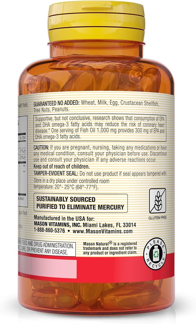 MASON NATURAL Omega-3 Fish Oil Daily Supplement, 1000mg with EPA and DHA for Joint Support, 120-Day Supply, 120 Softgel Pills (1 Pack)