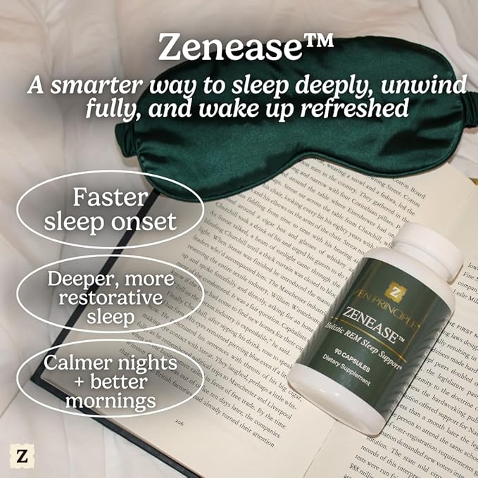 Zen Principle Zenease Sleep Support with Magnesium Glycinate, Ashwagandha KSM-66®, Saffron, L-Theanine & GABA – No Melatonin, Natural Stress Relief & Sleep Aid. 180 Capsules