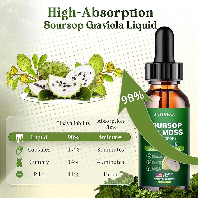 7-in-1 Soursop Graviola with Sea Moss Liquid Drops, Soursop Bitters Liquid Rich in Multivitamin for Digestive Antioxidant, Immune Boost, Cell Support & Regeneration, 2 Fl Oz