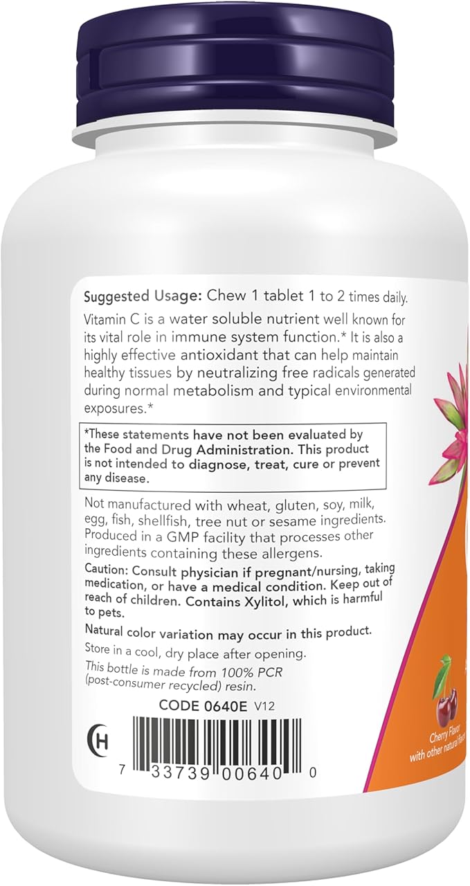 NOW Supplements, Vitamin C-500, Antioxidant Protection*, Cherry Flavor, 100 Chewable Lozenges