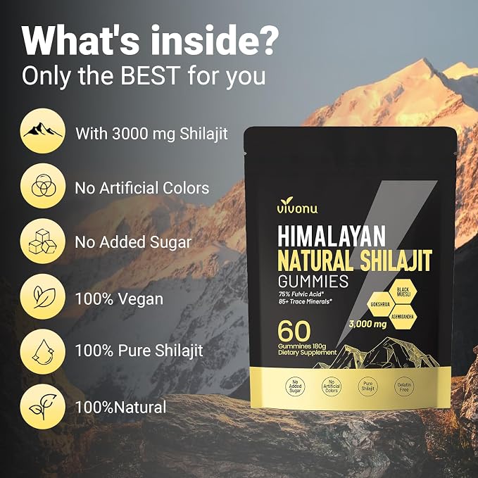 VivoNu Shilajit* Gummies,Pure Himalayan* micronutrient Supplement, Himalayan Premium Ingredient with Shilajit, Ashwagandha, Gokshura, Fulvic Acid & 85+ Trace Minerals I for Men & Women (3000MG/2 Bag)