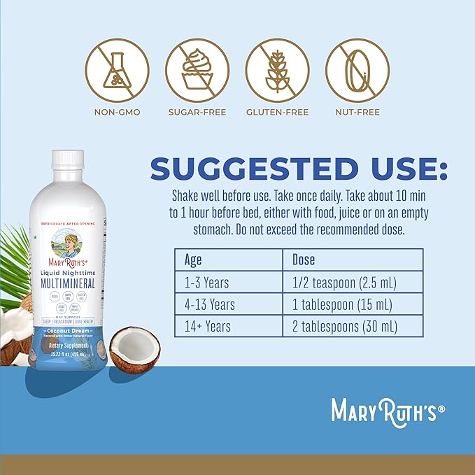 MaryRuth's Liquid Nighttime Multimineral (Coconut, 32oz) & Women's Multivitamin + Hair Growth Liposomal (Peach) | Clean Label Project Verified® | Vegan | Beauty, Bedtime Routine, & Overall Health