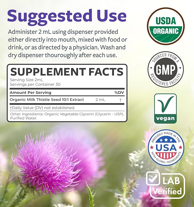 USDA Organic Milk Thistle Extract - High Potency 10:1 Silymarin Milk Thistle Liquid Liver Cleanse Detox & Repair Supplement - Vegan Non-GMO & Alcohol-Free Liver Support Supplement (30 Servings)