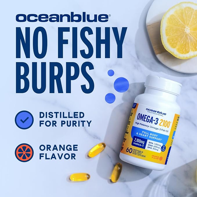 Oceanblue Professional Omega-3 2100mg Fish Oil Supplement - Triple Strength, High Potency EPA, DHA & DPA - Burpless, Wild-Caught, Natural Orange Flavor - 138 Softgels