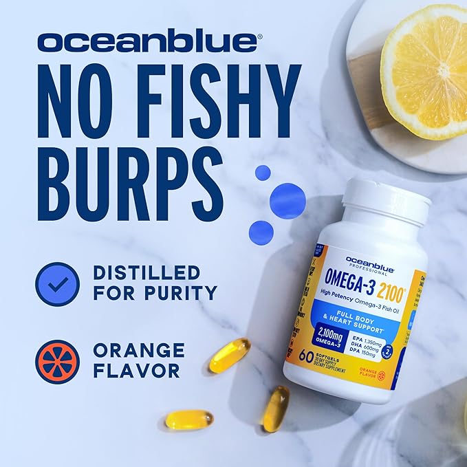 Oceanblue Professional Omega-3 2100mg Mini Fish Oil Softgels - Triple Strength, High Potency EPA, DHA & DPA - Burpless, Wild-Caught, Natural Orange Flavor - 120 Count
