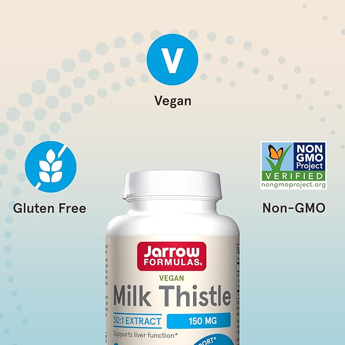 Jarrow Formulas Milk Thistle Supplement 150 mg. 30:1 Milk Thistle Extract Standardized to 80% Total Flavonoids, Dietary Supplement for Liver Function Support, 200 Veggie Capsules, Up to 200 Day Supply