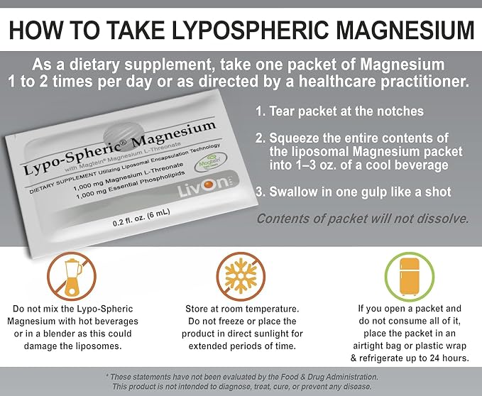 LivOn Laboratories Lypo-Spheric Magnesium L-Threonate - 30 Packets - 77mg Per Packet - Liposome Encapsulated for Maximum Bioavailability - Professionally Formulated - 100% Non-GMO