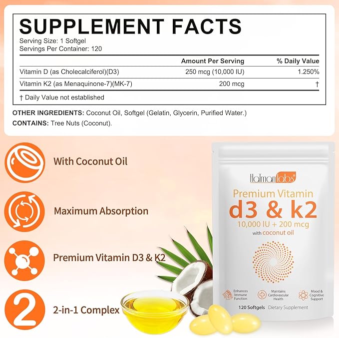 Vitamin D3 K2,D3 K2 Vitamin Supplement,Vitamin D3 and K2,D3 K2 Vitamin Supplement,Replenish Vitamin D3 K2 Coconut Oil Softgels (240)
