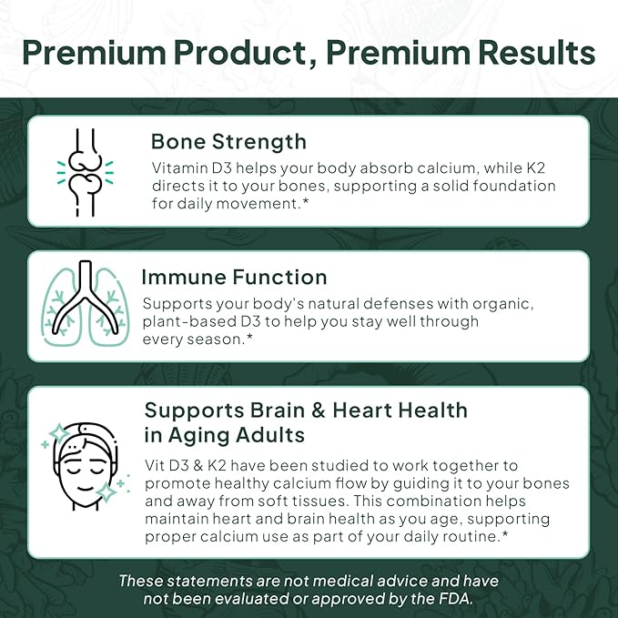 Organics Ocean Better D3 + K2-100% Organic VIT D3 and K2 Supplements with Maximum Bioavailability - Supports Bone Density, Calcium Balance, Immunity & Mood - 1-Pack, 30-Day Supply