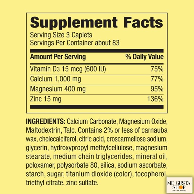 Spring Valley Calcium, Magnesium & Zinc Plus Vitamin D3 Coated Caplets, 250 Count (Pack of 2) 500count Total + me Gusta Sticker