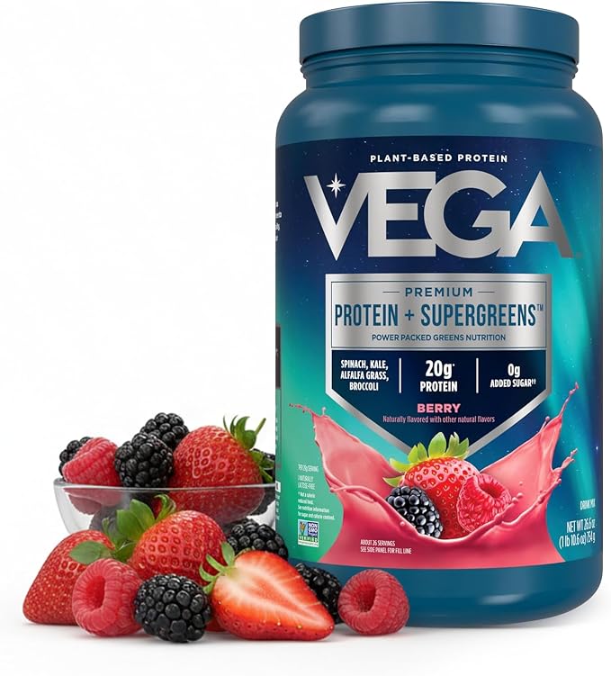 Vega Premium Protein + Supergreens, Berry – 20g Vegan Protein, Dairy & Gluten Free, 27.2 oz (26 Servings)