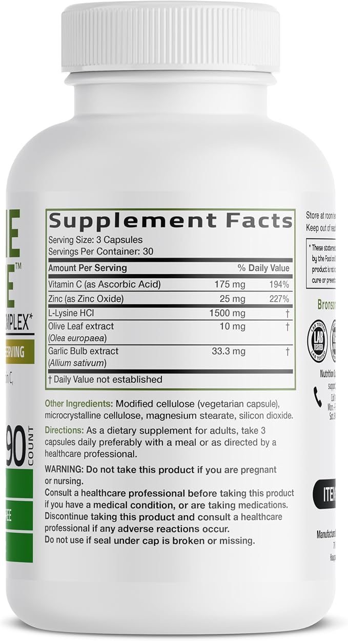 Bronson L-Lysine Defense Immune Support Complex 1500 MG L-Lysine Plus Olive Leaf, Garlic, Vitamin C and Zinc - Non-GMO, 90 Vegetarian Capsules